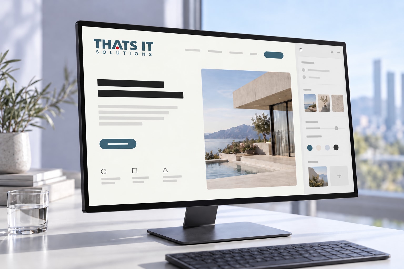 Illustrative Szene: Landingpage-Gestaltung am Monitor mit unserem Logo