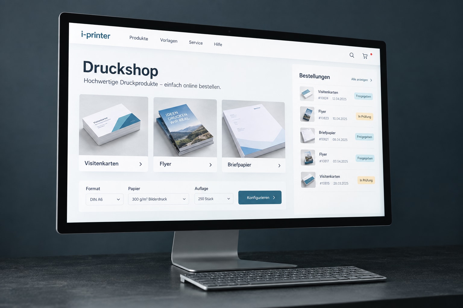 Illustrative Beispielansicht: Online-Druckshop mit Produktkonfiguration und Bestellübersicht