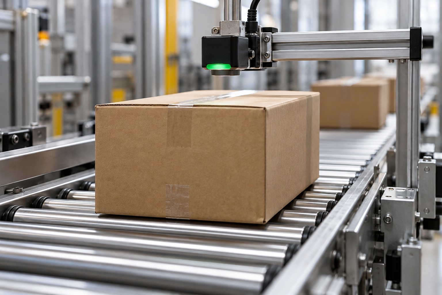 Illustrative Szene: Automatisierter Ablauf mit Sensor und Förderband